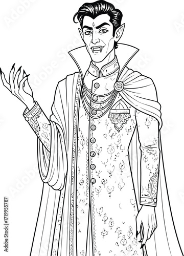 Elegant vampire with long nails in ornate traditional clothing