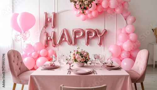 Celebration table with floral vases, pink napkins, balloon arch spelling “HAPPY,” and bow-tied chair—elegant setup evokes joy, warmth, and festive charm in minimalist event decor composition.