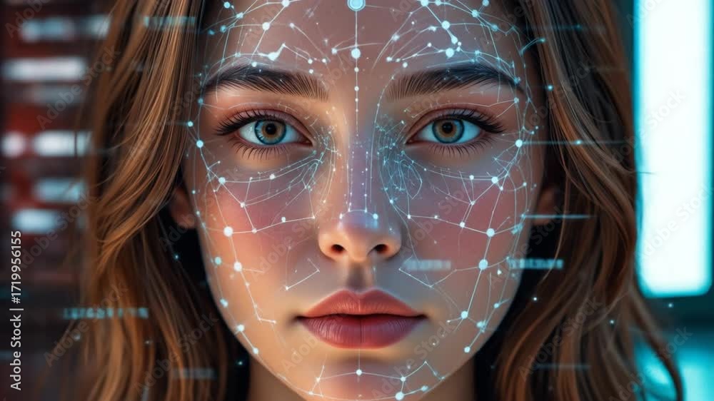 Female facial portrait, AI deepfake recognition technology with facial ...