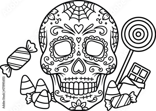 Sugar skull with candy for day of the dead celebration