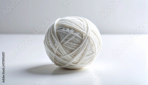 Tightly wound white string ball on smooth surface—monochrome texture and spherical form evoke containment, tension, and quiet order in minimalist textile still life composition.