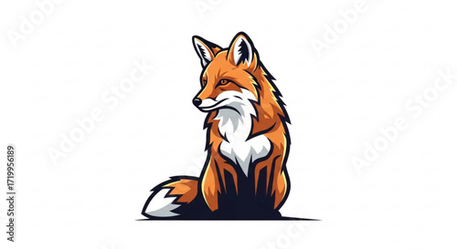 Illustration of a fox sitting and looking to the side the fox has orange fur and a white belly and chest area