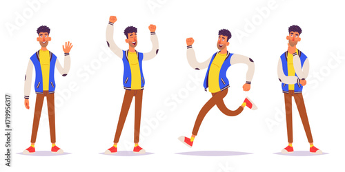 Cartoon young man character in casual clothes showing different emotions and poses