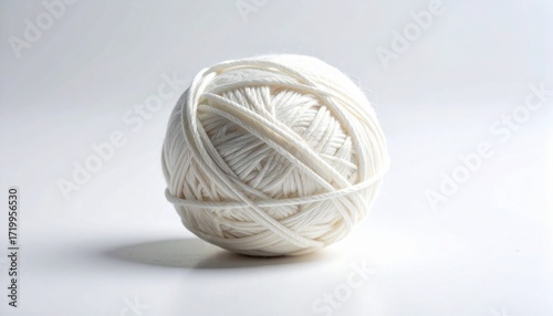 Tightly wound white string ball on smooth surface—monochrome texture and spherical form evoke containment, tension, and quiet order in minimalist textile still life composition.