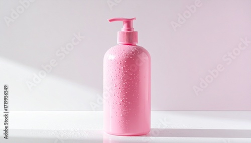 Pink plastic pump bottle with water droplets on white surface—clean lines and subtle moisture evoke hygiene, freshness, and product intimacy in minimalist self-care packaging composition.