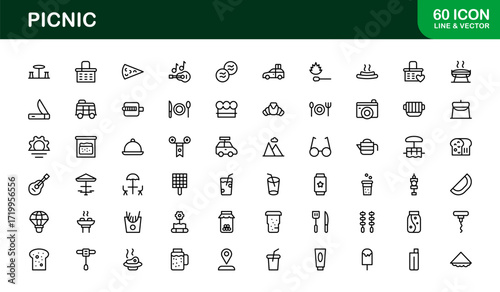 Modern Picnic Icons Pack. Flat and linear icons of outdoor leisure items, sandwiches, picnic baskets, and drinks for summer, travel, and web projects.