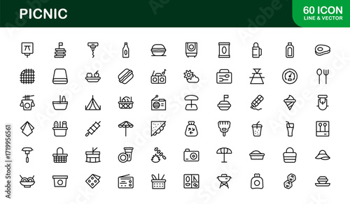 Flat and Outline Picnic Icons Set. Includes sandwiches, fruits, drinks, and baskets in a modern professional style for outdoor leisure and creative design use.