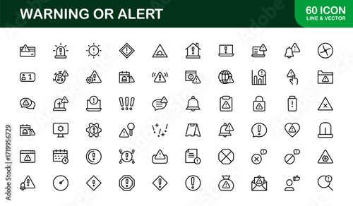 Professional Warning and Alert Icons Collection. Minimal style icons of safety alerts, danger signs, and caution messages for digital and UI design projects.