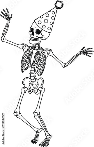 Dancing skeleton wearing a party hat on a white backdrop