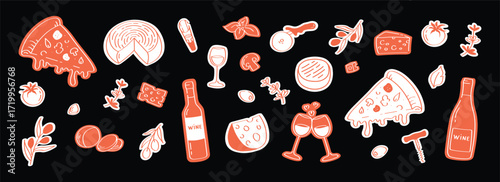 Pizza and wine doodle stickers set for menu decoration, packaging design, social media and digital projects