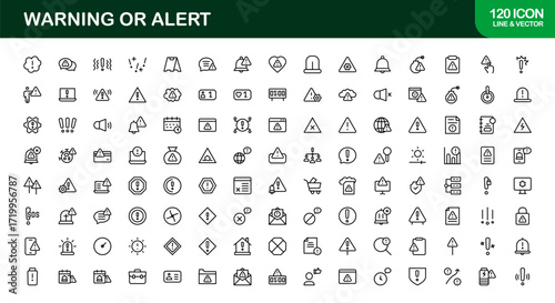 Outline Warning and Alert Icons Collection. Linear icons for danger, errors, attention marks, and notifications ideal for digital, print, and safety projects.