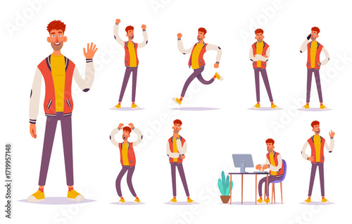 Cartoon young man character in casual clothes showing emotions and activities