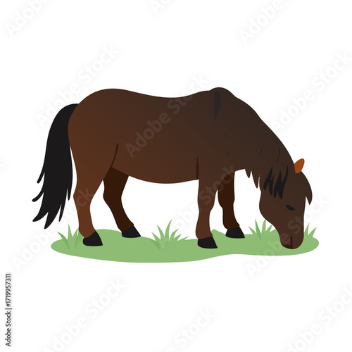 Cartoon brown horse grazing on grass in a simple style with a white background 
