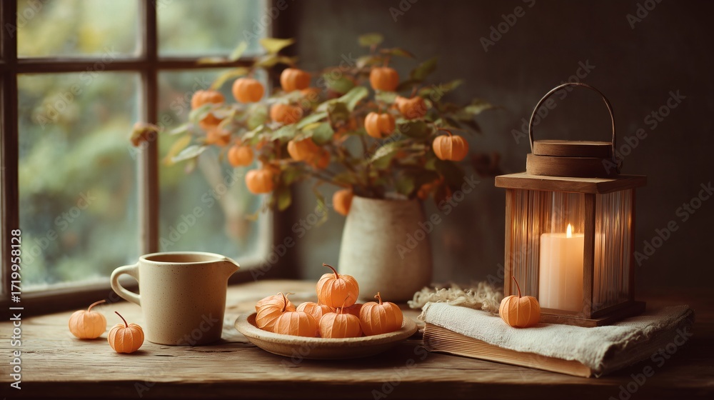 Fototapeta premium Autumn still life with physalis lanterns in vase, wooden lantern with candle, ceramic cup, plate of berries and old book on rustic windowsill.