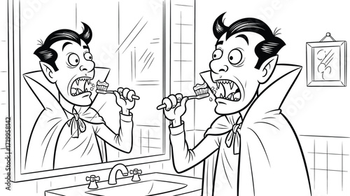 Cartoon vampire brushing teeth in bathroom mirror at night