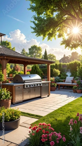 Outdoor kitchen under pergola on a sunny day