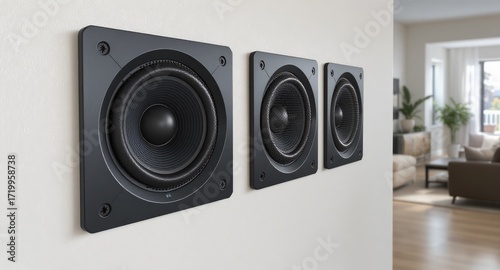 Three black wall-mounted speakers on a white wall.  Interior view