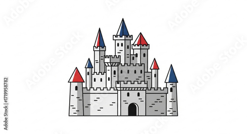 Illustration of a castle with towers and flags, a classic and whimsical design for fairy tales or fantasy themes