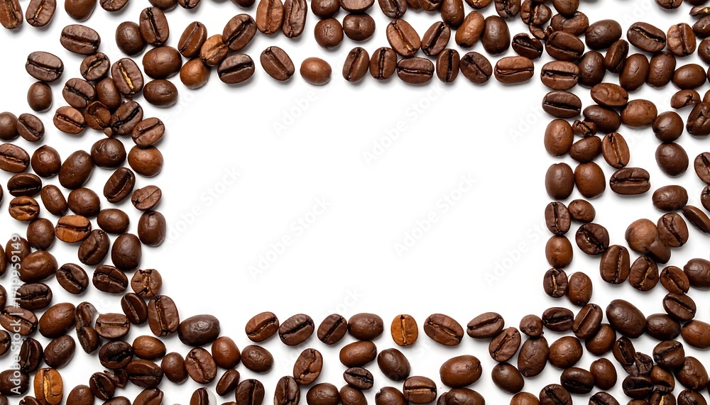 Obraz premium Roasted coffee beans around white rectangle space suitable for coffee shop menu, advertising, background, social media posts, website design.