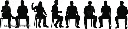 Silhouette vector illustration of diverse seated people in various sitting poses and gestures, perfect for business, meeting, and communication concepts