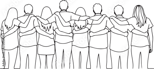 Group of friends with arms around each other from behind