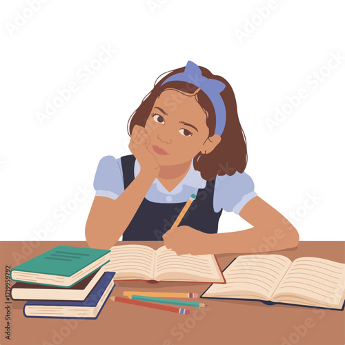 Girl doing homework at desk illustration