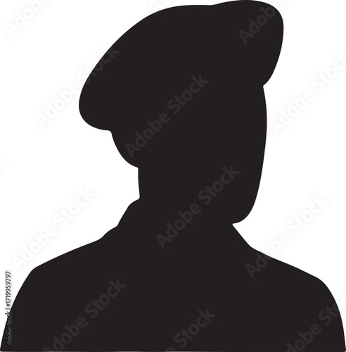 Silhouette of a person wearing a beret and jacket