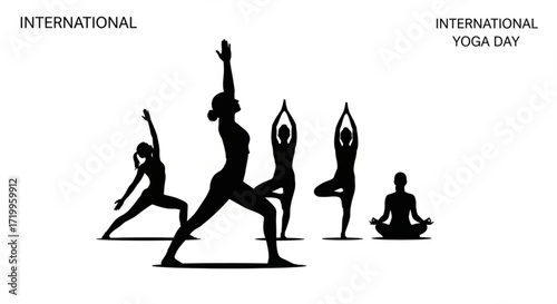 A silhouette of yoga poses for international yoga day, showcasing various asanas and promoting mindfulness and wellbeing through the practice of yoga