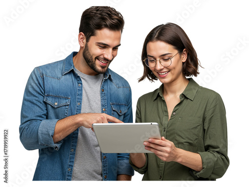 Young man and woman smiling and looking at a tablet computer together isolated on transparent background
