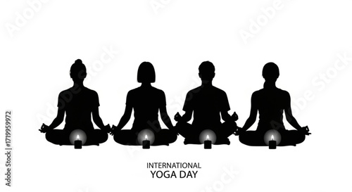 A peaceful silhouette of people meditating for international yoga day, emphasizing unity, tranquility, and the importance of mental and physical wellbeing