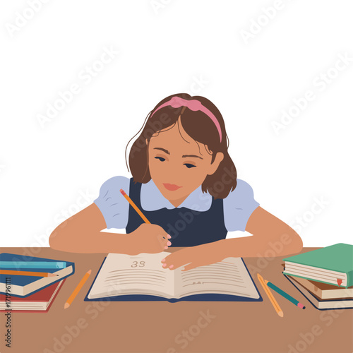 Girl writing at desk illustration