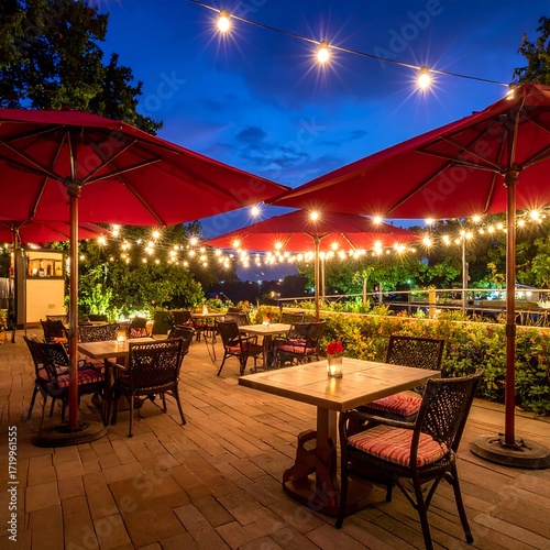 Outdoor patio dining at twilight