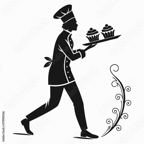 Chef holding tray of pastries silhouette