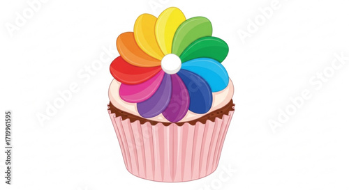 A delightful cupcake, adorned with a vibrant rainbow flower, perfect for birthdays, celebrations, and sweet treat designs
