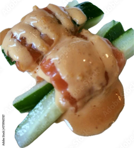 Salmond and cucumbers  Prawn, shrimp and vegetable with salad sauce dressing  isolated white background 