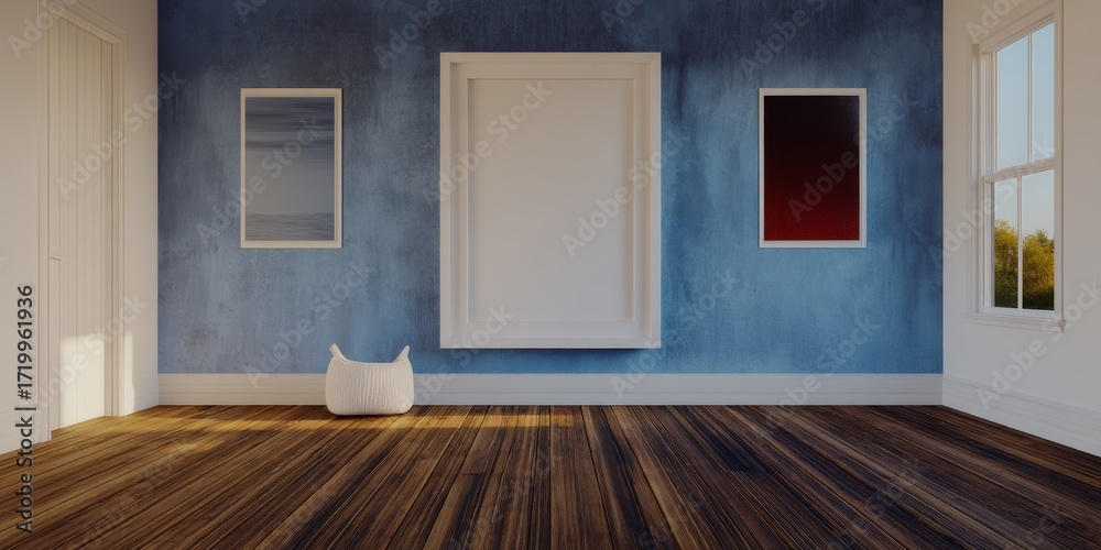 Fototapeta premium Modern Interior with Gradient Wall and Empty Frames for Art Display in Bright Room