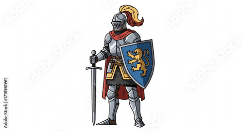 Brave knight, clad in shining armor, wielding a sword and shield, ready for battle, embodying courage and chivalry in medieval times