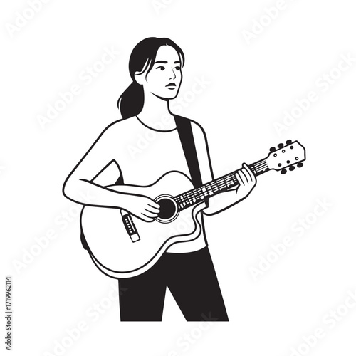 Black and white line art of a cool woman playing guitar in casual outfit minimalist stylish illustration