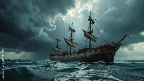 Majestic tall ship navigates rough seas under dramatic stormy skies