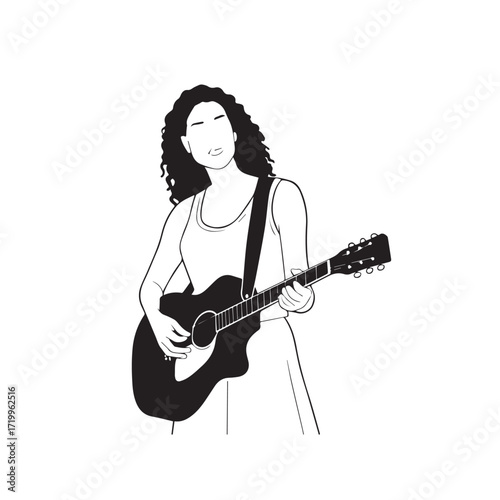 Black and white line art of a cool woman playing guitar in casual outfit minimalist stylish illustration