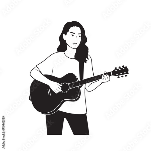 Black and white line art of a cool woman playing guitar in casual outfit minimalist stylish illustration