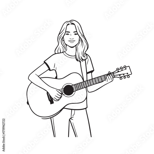 
Black and white line art of a cool woman playing guitar in casual outfit minimalist stylish illustration