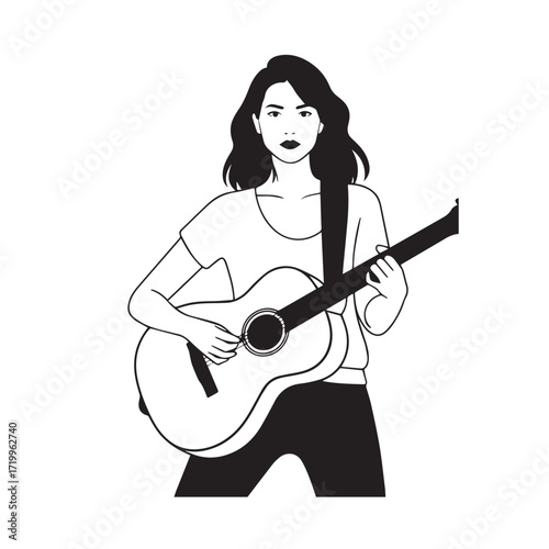 
Black and white line art of a cool woman playing guitar in casual outfit minimalist stylish illustration