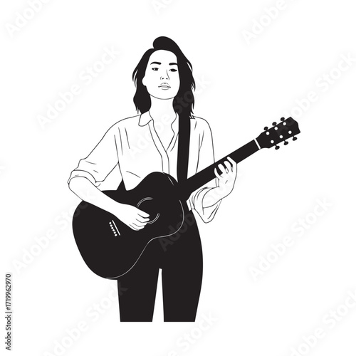 
Black and white line art of a cool woman playing guitar in casual outfit minimalist stylish illustration