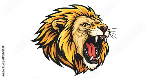 A fierce lion head roars with power and intensity, showcasing its majestic mane and sharp teeth, a symbol of strength and courage