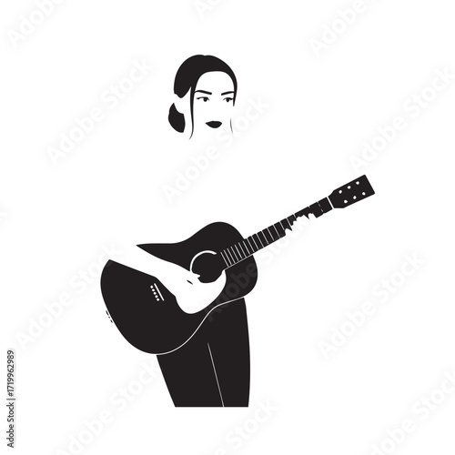 
Black and white line art of a cool woman playing guitar in casual outfit minimalist stylish illustration