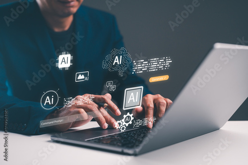 A person engages with a laptop, surrounded by digital icons representing artificial intelligence and technology.