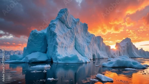 Majestic icebergs glow under a dramatic fiery sunset at sea