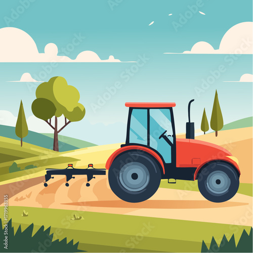 ector illustration of a modern tractor on farmland, colorful flat design, detailed and clea