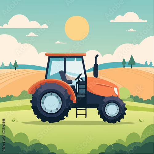 ector illustration of a modern tractor on farmland, colorful flat design, detailed and clea